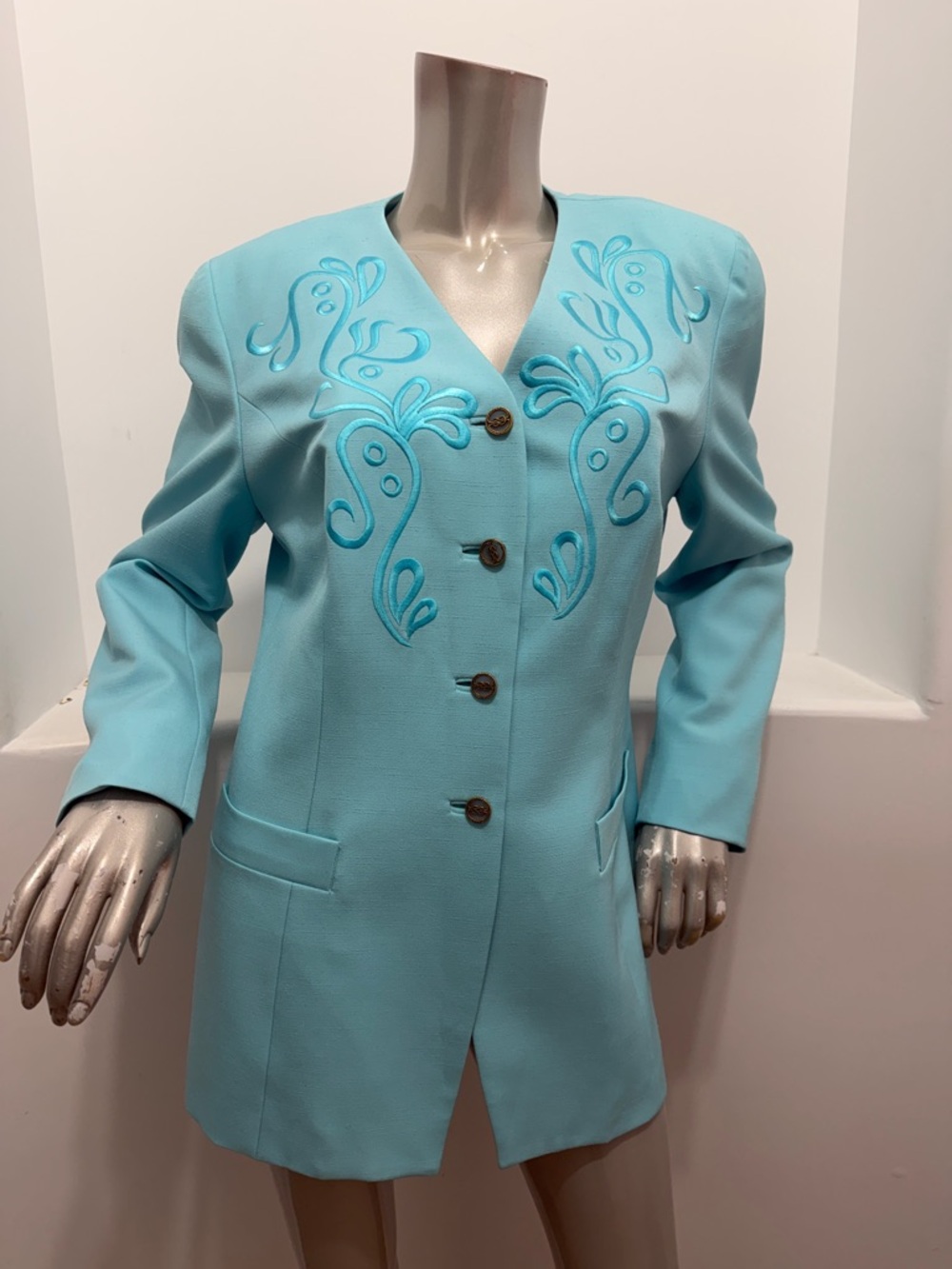 Lilli Ann Women's Vintage Formal Tailored  Turquoise Embroidered Long Jacket